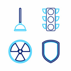 Set line Shield, Radioactive, Traffic light and Rubber plunger icon. Vector