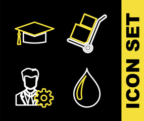 Sticker - Set line Hand truck and boxes, Water drop, Profile settings and Graduation cap icon. Vector