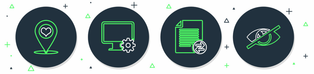 Sticker - Set line Computer monitor and gear, Transfer files, Map pointer with heart and Invisible hide icon. Vector