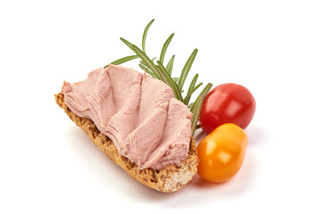 Wall Mural - Sandwich with homemade chicken liver pate, isolated on white background.