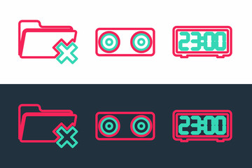 Poster - set line digital alarm clock, delete folder and stereo speaker icon. vector