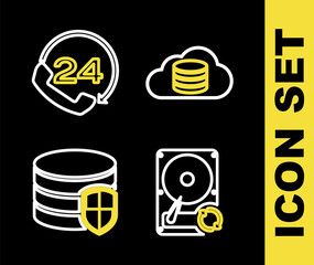 Poster - Set line Cloud database, Hard disk drive HDD sync refresh, Database protection and Telephone 24 hours support icon. Vector