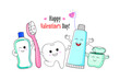 © wowow - Cute cartoon tooth character with mouthwash, toothbrush, toothpaste and dental floss. Dental care concept. Vector illustration.