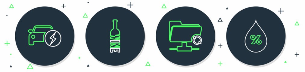 Poster - Set line Bottle of wine, FTP sync refresh, Electric car and Water drop percentage icon. Vector