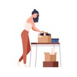 Person packing books and stuff into carton boxes. Woman preparing cardboard packages for relocation and house change. Moving to new apartment concept. Flat vector illustration isolated on white