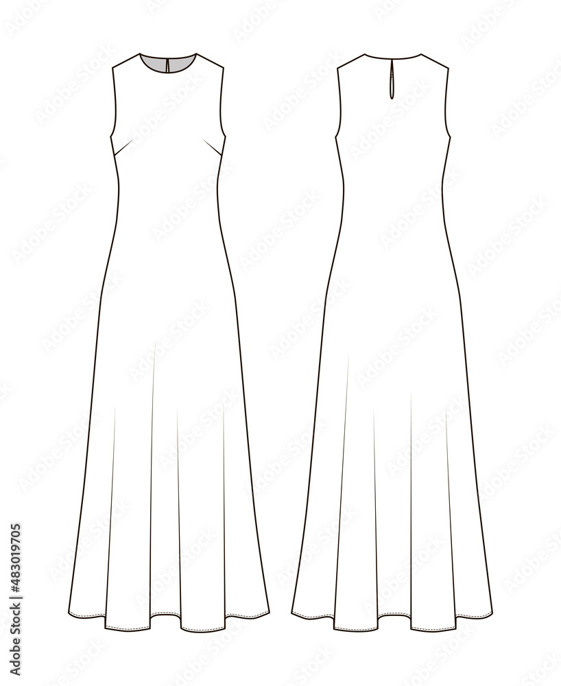 Fashion technical drawing of long sleeveless dress. Stock Vector | Adobe  Stock