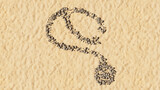 Fototapeta Przestrzenne - Concept conceptual stones on beach sand handmade symbol shape, golden sandy background, checkup stethoscope sign. A 3d illustration metaphor for a checkup, treatment, medicine, health and care