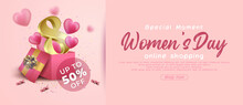 Realistic Banner Women's Day With Heart Out Of The Giftbox
