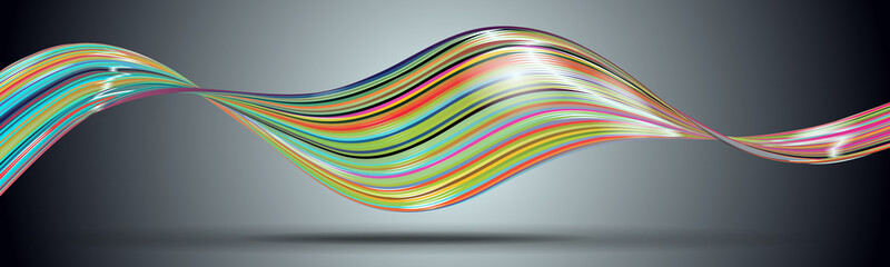 Wall Mural - 3D shine swirl colorful wave on black gradient background. Abstract vector design element