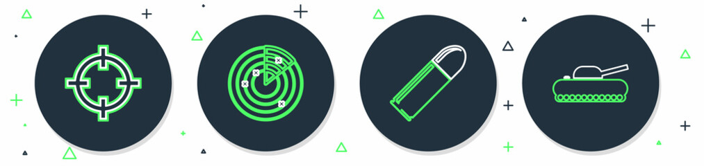 Wall Mural - Set line Radar with targets, Bullet, Target sport and Military tank icon. Vector