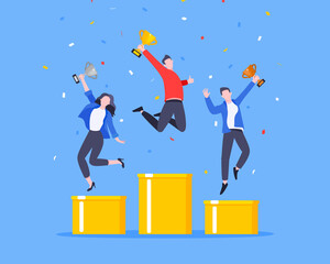 People standing on the podium rank first three places, jumps in the air with trophy cup. Employee recognition and competition award winner business concept flat style design vector illustration.