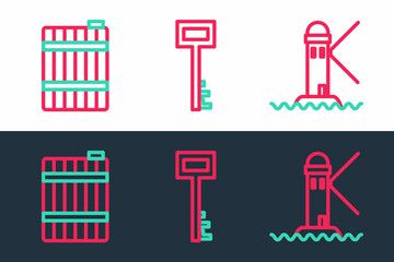 Poster - Set line Lighthouse, Wooden barrel and Pirate key icon. Vector