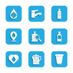 Sticker - Set Big bottle with clean water, Water jug filter, cartridge, Bottle of, Heart drop, location, and Defrosting icon. Vector