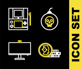 Poster - set line bomb ready to explode, coin for game, computer monitor and portable video console icon. vec