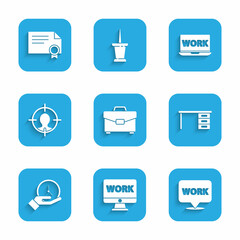 Poster - Set Briefcase, Monitor with text work, Location, Office desk, Clock, Head hunting concept, Laptop and Certificate template icon. Vector