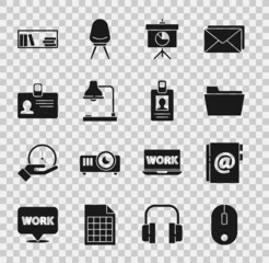 Sticker - Set Computer mouse, Address book, Document folder, Chalkboard with diagram, Table lamp, Identification badge, Shelf books and icon. Vector