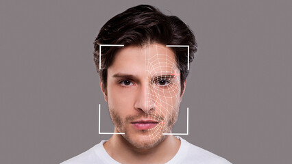 Leinwandbilder - Young man experiencing face scanning, face id