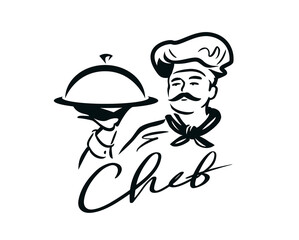 Wall Mural - Chef with a dish in his hand logo. Cooking, restaurant menu symbol. Vector illustration