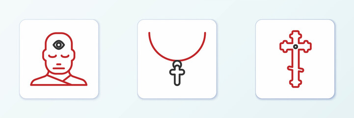 Poster - Set line Christian cross, Man with third eye and on chain icon. Vector