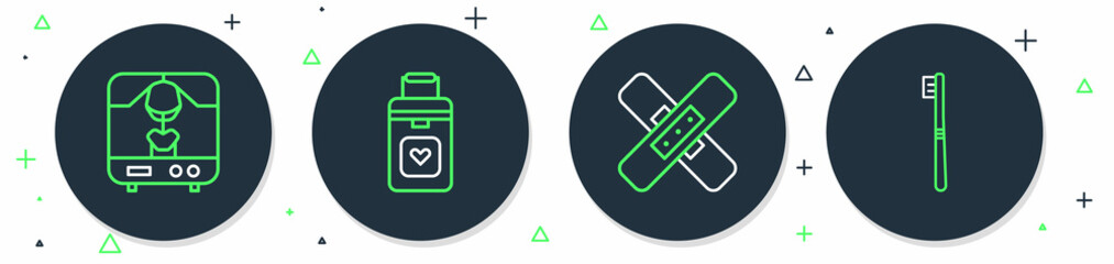 Poster - Set line Organ container, Crossed bandage plaster, X-ray machine and Toothbrush icon. Vector