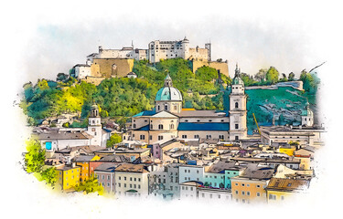 Panoramic view of the Salzburg, Austria, watercolor sketch illustration.