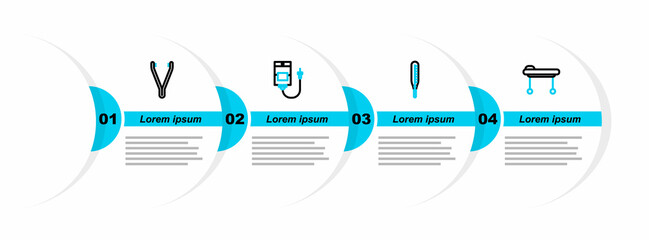 Sticker - Set line Stretcher, Medical thermometer, IV bag and tweezers icon. Vector