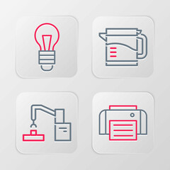 Poster - Set line Printer, Robotic robot arm hand factory, Electric kettle and Light bulb icon. Vector