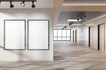 Aufkleber - Two vertical frames Mockup hanging on wall. Mock up of billboards in modern wooden office interior 3D rendering