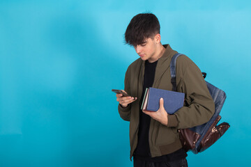 Sticker - student with backpack, books and mobile phone isolated on background