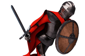 Knight with sword and wooden shield on white background 3D illustration