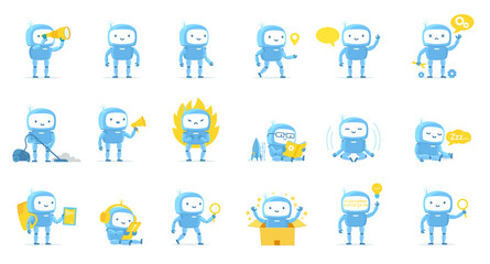 robot boy. character big pack. cute robot mascot set. cartoon vector illustrations.