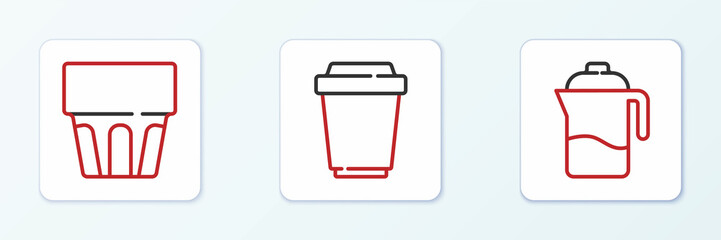 Poster - Set line French press, Glass with water and Coffee cup to go icon. Vector