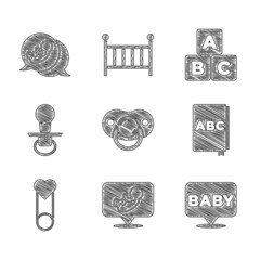 Wall Mural - Set Baby dummy pacifier, ABC book, clothes pin, blocks and icon. Vector