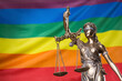 The blindfolded goddess of justice Themis or Justitia against the rainbow flag of LGBT community, as a LGBT social issues concept