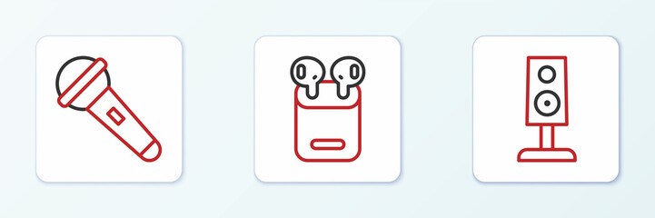 Sticker - Set line Stereo speaker, Microphone and Air headphones in box icon. Vector