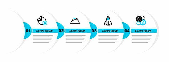 Canvas Print - Set line Human resources, Startup project concept, Mountains with flag and Pie chart and dollar icon. Vector