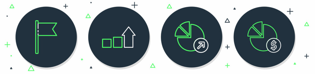 Sticker - Set line Financial growth, Location marker and Pie chart and dollar icon. Vector