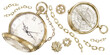 Set of watercolor illustrations with vintage gold pocket watch, compass, gears and chains isolated on a white.