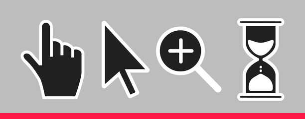 Leinwandbilder - Pointer hand, arrow, hourglass loading clock mouse, magnifier cursors icon sign graphic element flat style design vector illustration set. Simplistic pictogram indicator, endless time process idea.