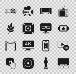 Sticker - Set Cinema auditorium with screen, Screen tv 4k, ticket, Smart Tv, Movie spotlight, trophy, Movie, film, media projector and 3D cinema glasses icon. Vector