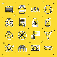 Sticker - Set line Hotdog sandwich, Buffalo skull, Soda can with straw, USA label, Declaration of independence, Medal star, Burger and Rocket launch from the spaceport icon. Vector