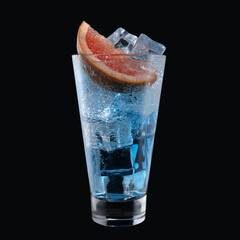 Wall Mural - Blue lagoon cocktail with Blue Curacao liqueur in a tall glass isolated on black background. Classic alcoholic cocktail