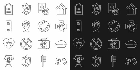 Wall Mural - Set line Veterinary ambulance, Pet food bowl, clinic, Clinical record pet, Location veterinary, Bandage plaster, and Tennis ball icon. Vector