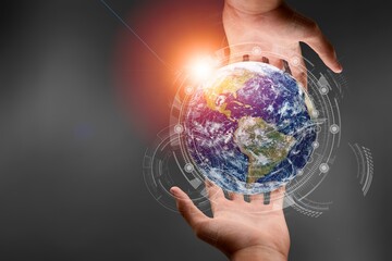 Poster - Hand pass clean energy, sustainable environment protection earth globe to generation with energy resources icon.