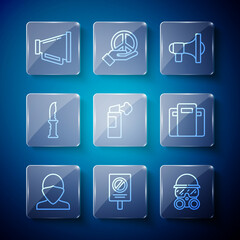 Poster - Set line Vandal, Protest, Gas mask, Megaphone, Pepper spray, Military knife, and Police assault shield icon. Vector