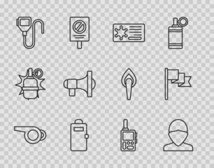 Poster - Set line Whistle, Vandal, Police badge, assault shield, Walkie talkie, Megaphone, and Location marker icon. Vector