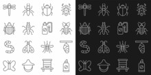 Set Line Spray Against Insects, Butterfly Cocoon, Chafer Beetle, Mite, Termite, Colorado, Dragonfly And Pressure Sprayer Icon. Vector