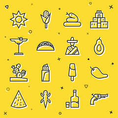 Sticker - Set line Revolver gun, Hot chili pepper pod, Avocado, Snake, Taco with tortilla, Margarita cocktail, Sun and Mexican man sombrero icon. Vector