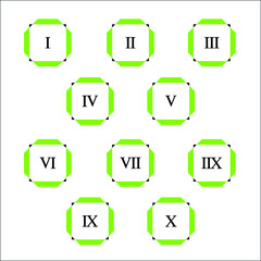 Colorful info-graphic roman numbers can be use to create presentation. Bullet points roman numbers one to ten. Oval shape vector numbers.