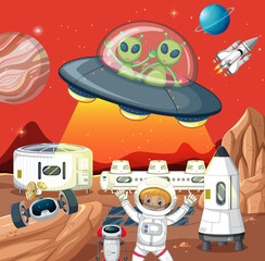 Wall Mural - Outer space scene with astonaut and alien in cartoon style